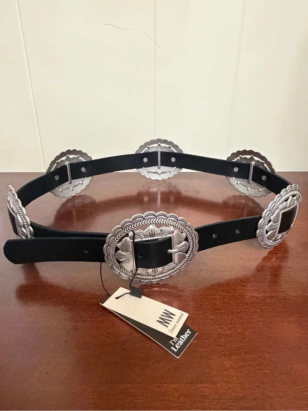 MW Most Wanted  Black Genuine Leather Silver Concho Country Western Belt